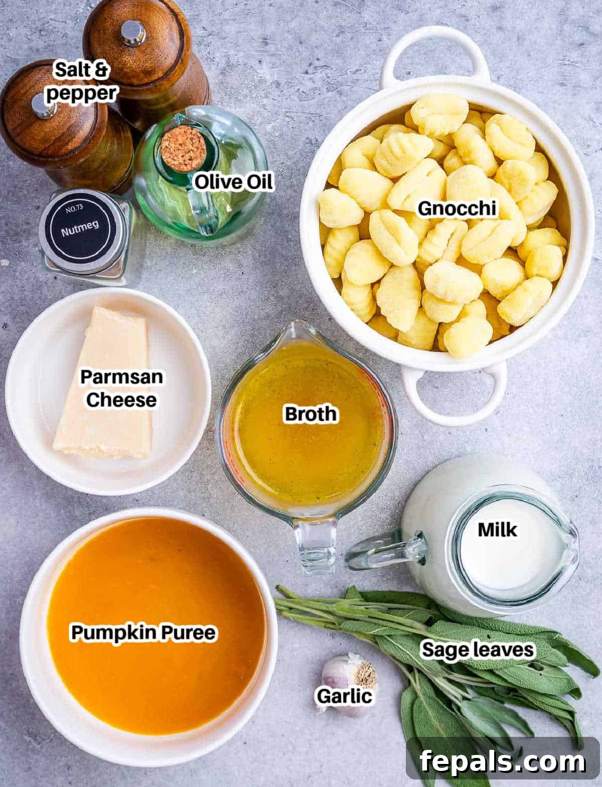 A selection of fresh ingredients laid out on a kitchen counter, including olive oil, garlic cloves, fresh sage leaves, a carton of milk, chicken or vegetable broth, a can of pumpkin puree, a whole nutmeg, and a block of Parmesan cheese, all ready to make pumpkin gnocchi.
