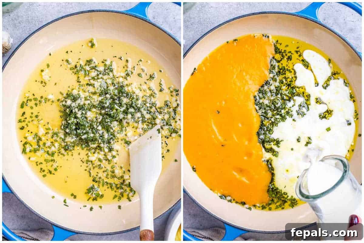 Process shot of cooking sage with garlic in skillet with olive oil, then adding the pumpkin puree, milk, and broth into the skillet. 