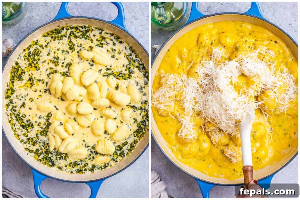 Process shot adding the the gnocchi into the pumpkin sauce in the pan. Then adding parmesan cheese to finish. 