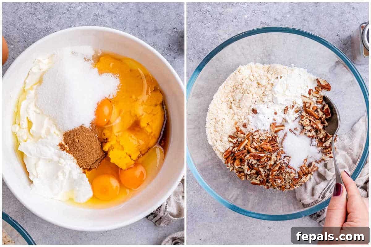 Gluten Free Pumpkin Dump Cake 4 process shot of making the dump cake filling and cake topping.