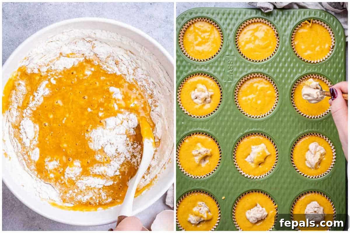 Spiced Pumpkin Cream Cheese Swirl Muffins 5 A process shot illustrating the stages of muffin assembly: first, wet pumpkin batter mixed with flour, then batter being added to muffin liners, and finally, cream cheese being dolloped into the center of each muffin.