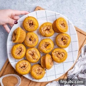 Spiced Pumpkin Cream Cheese Swirl Muffins 7 A plate with beautifully baked pumpkin cream cheese muffins, showing their fluffy texture and enticing golden tops.