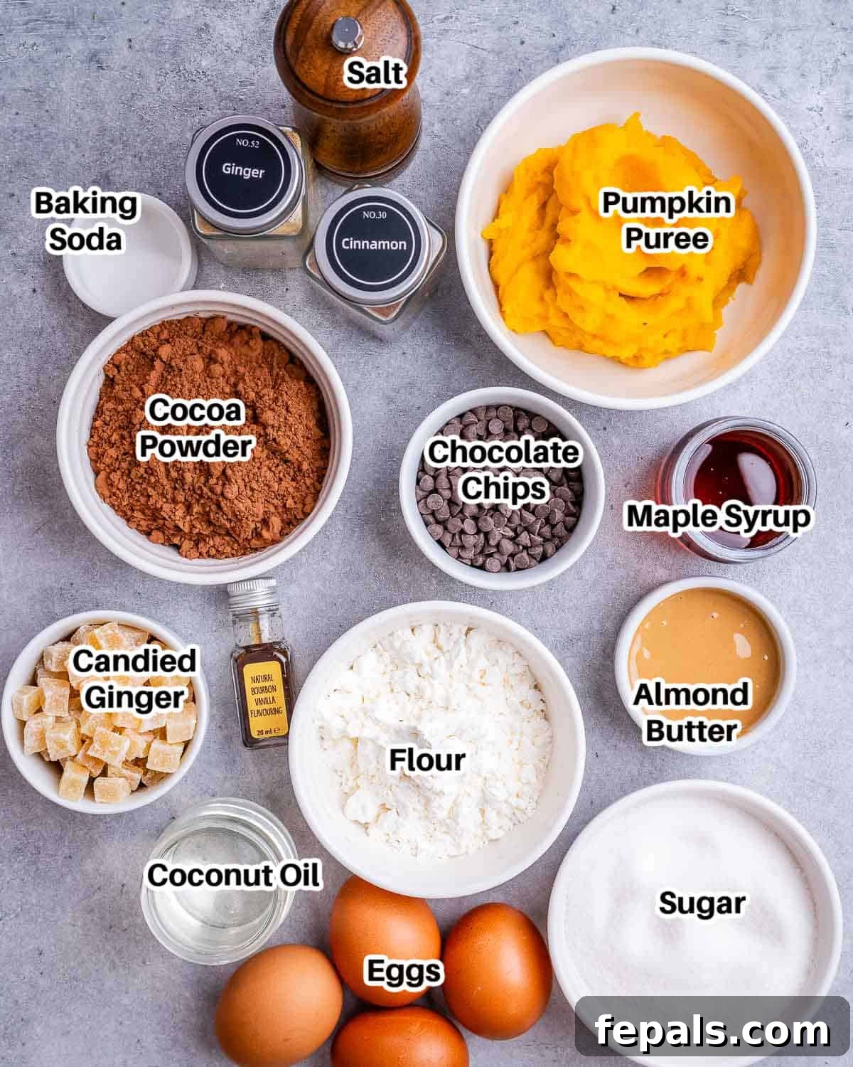 A flat lay of pumpkin brownie ingredients including eggs, pumpkin puree, spices, and chocolate chips.