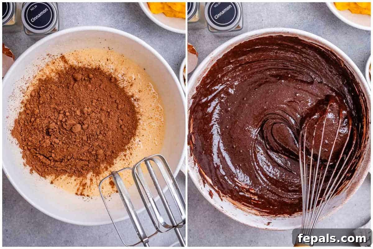 Process shot of whipping eggs in a bowl and mixing them with cocoa powder for brownie batter.