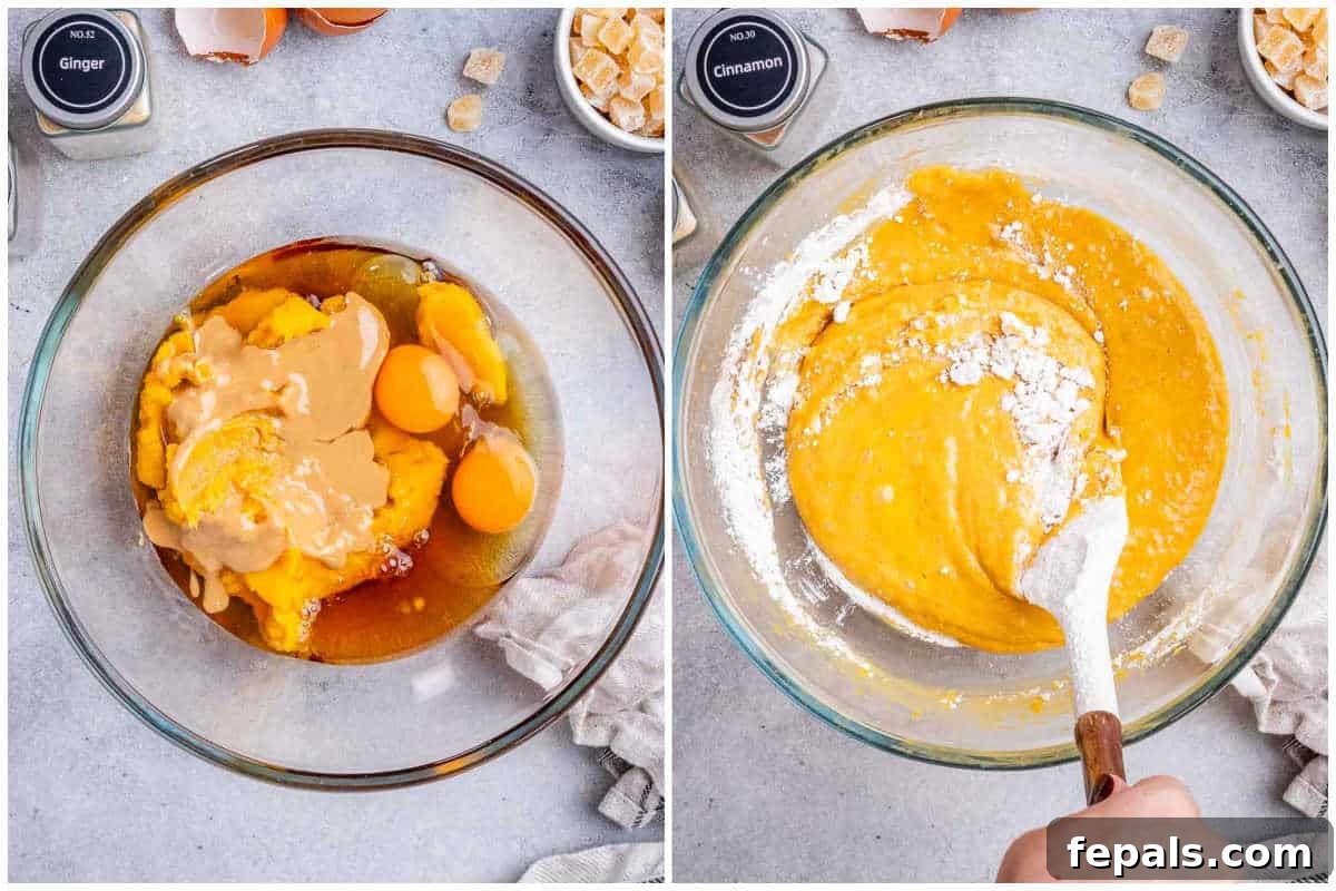 Process shot of mixing the pumpkin and egg mixture with flour and spices in a bowl.