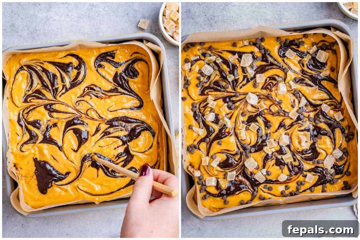 Process shot of adding brownie batter to a baking dish, layering with pumpkin batter, and then adding more brownie batter for swirling.