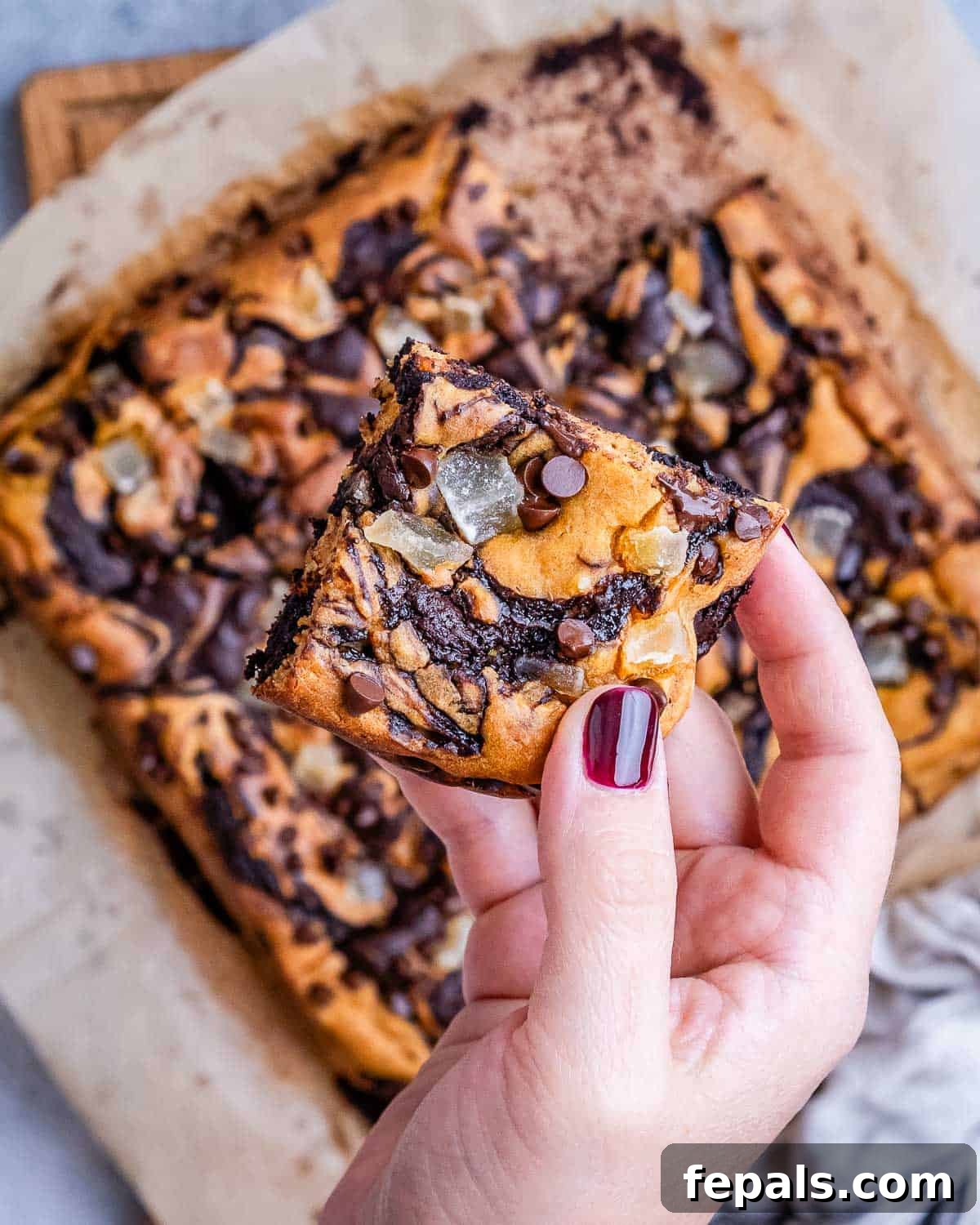 A hand holding a piece of a finished pumpkin brownie, showing the beautiful swirled layers.