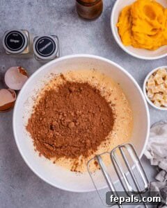cocoa powder added in the bowl with the egg mixture.