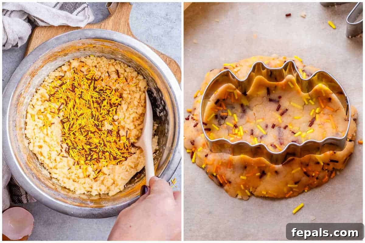 Spooktacularly Easy Halloween Cookies Kids Will Love 4 Adding Halloween sprinkles to cookie dough in a mixing bowl before chilling and shaping.