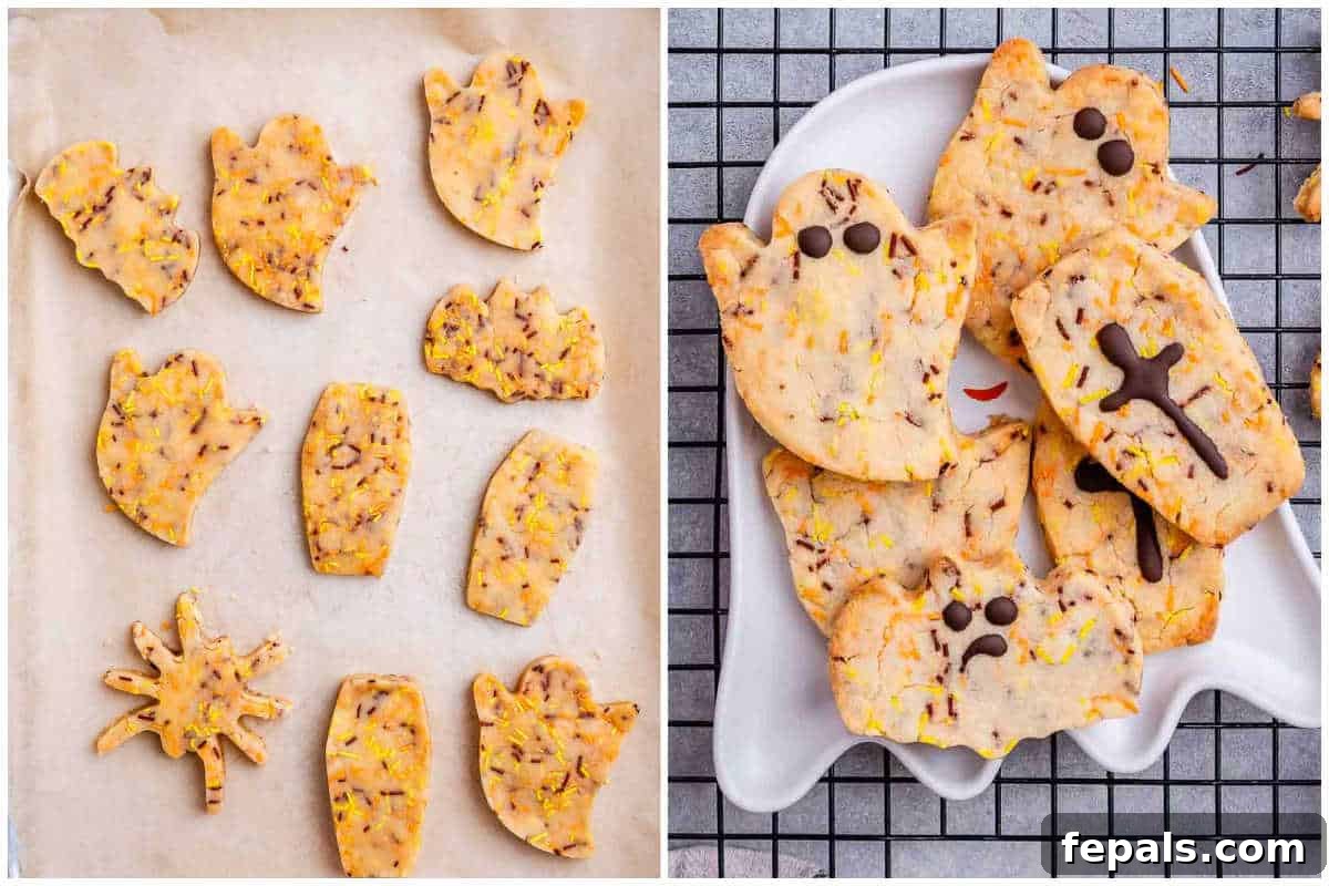 Spooktacularly Easy Halloween Cookies Kids Will Love 5 Freshly shaped Halloween cookie dough on a baking sheet, next to a plate of baked ghost and spider cookies.