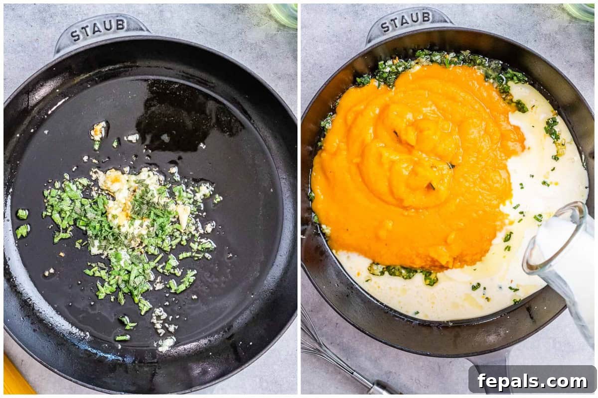 Simple Comfort Pumpkin Alfredo 4 A large skillet on a stovetop, with olive oil, minced garlic, and fresh sage leaves being sautéed, filling the kitchen with an inviting aroma.