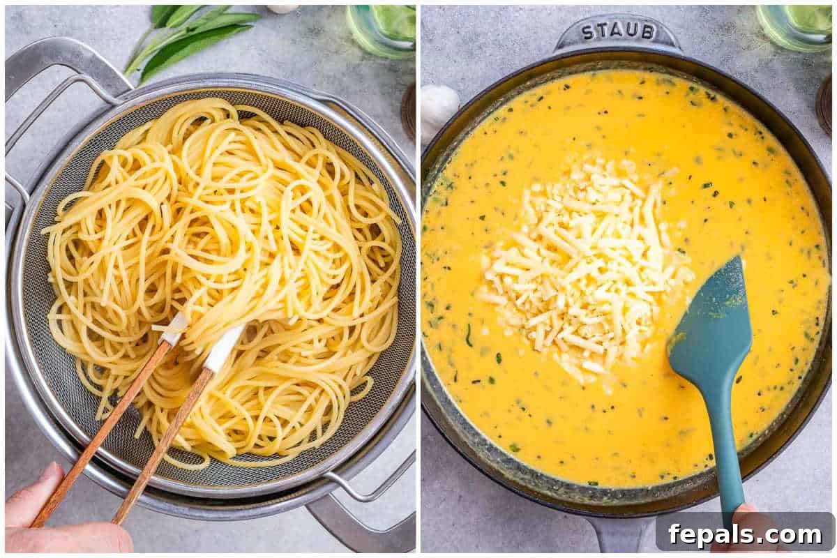 Simple Comfort Pumpkin Alfredo 5 The pumpkin puree and milk are being whisked together in a skillet, creating a smooth, orange sauce, with shredded cheese waiting to be added.