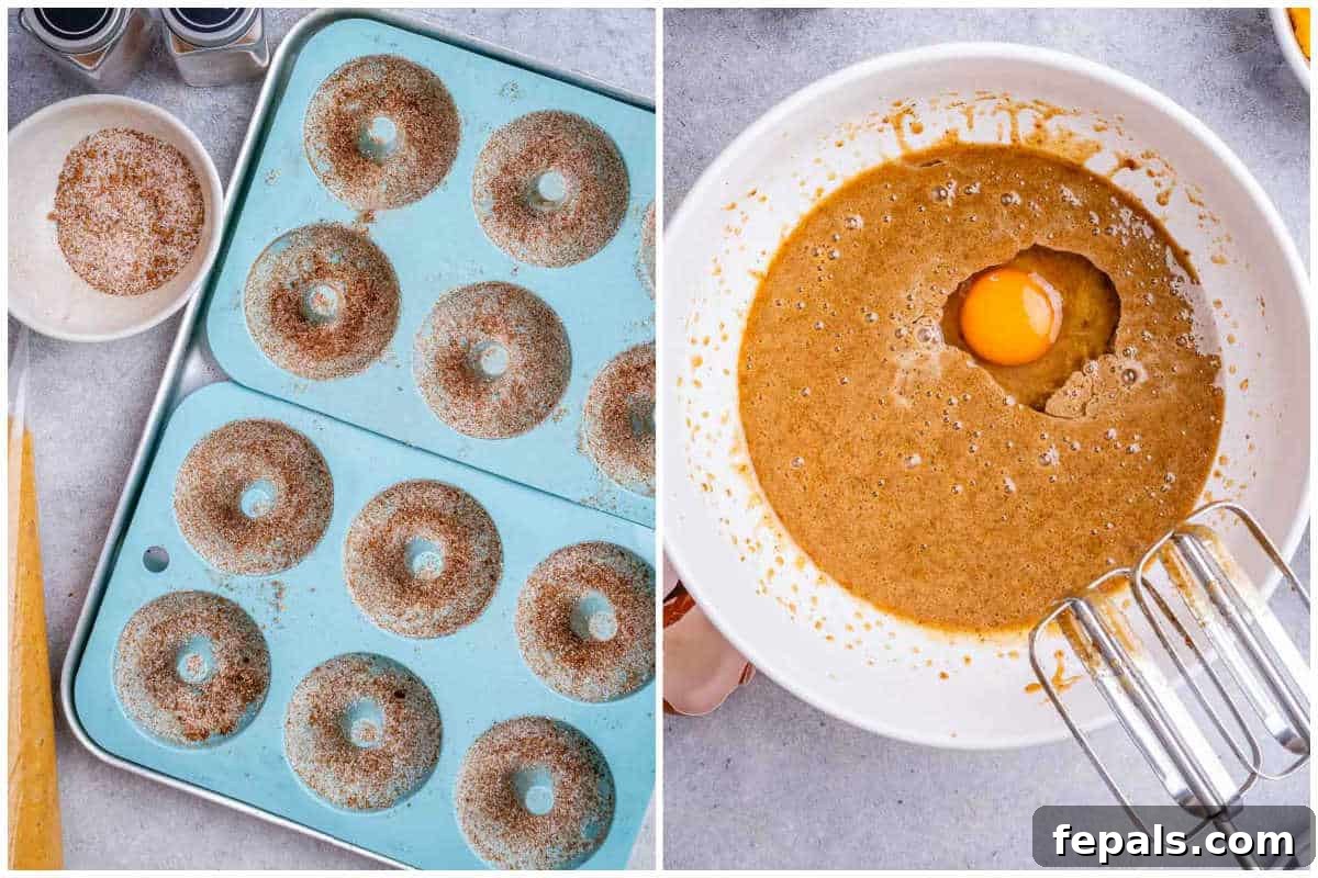 Process shot of mixing wet ingredients for pumpkin donuts and preparing the donut pan with cinnamon sugar.