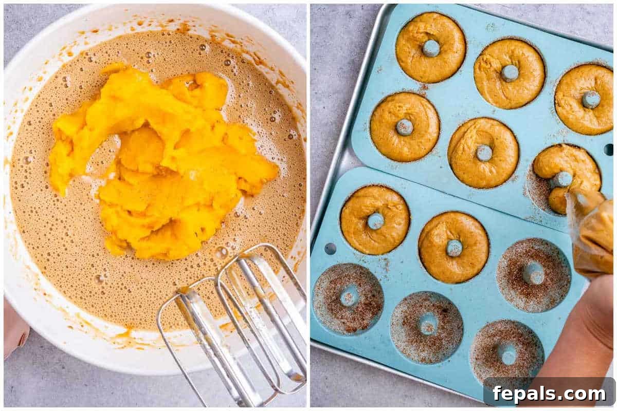 Process shot showing the pumpkin batter being mixed and then piped into a donut mold.
