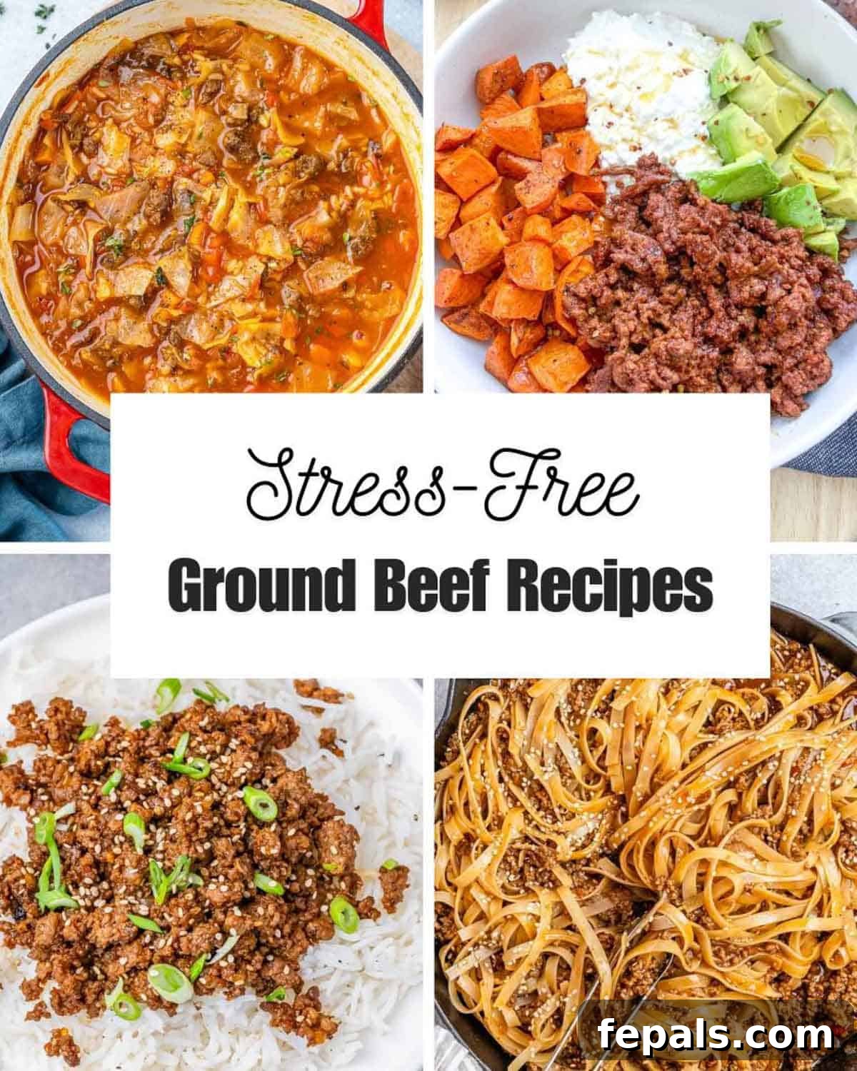 Quick & Easy Ground Beef: 20 Delicious Dinner Ideas 2 A vibrant collage showcasing four mouth-watering ground beef dishes: a hearty ground beef and rice bowl, savory meatballs, a fresh taco salad, and classic stuffed bell peppers. This image highlights the diverse and delicious possibilities with ground beef.