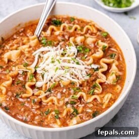 A side shot of comforting beef lasagna soup, served in a rustic white bowl with a spoon, highlighting the rich broth, tender lasagna pieces, and savory meat sauce.