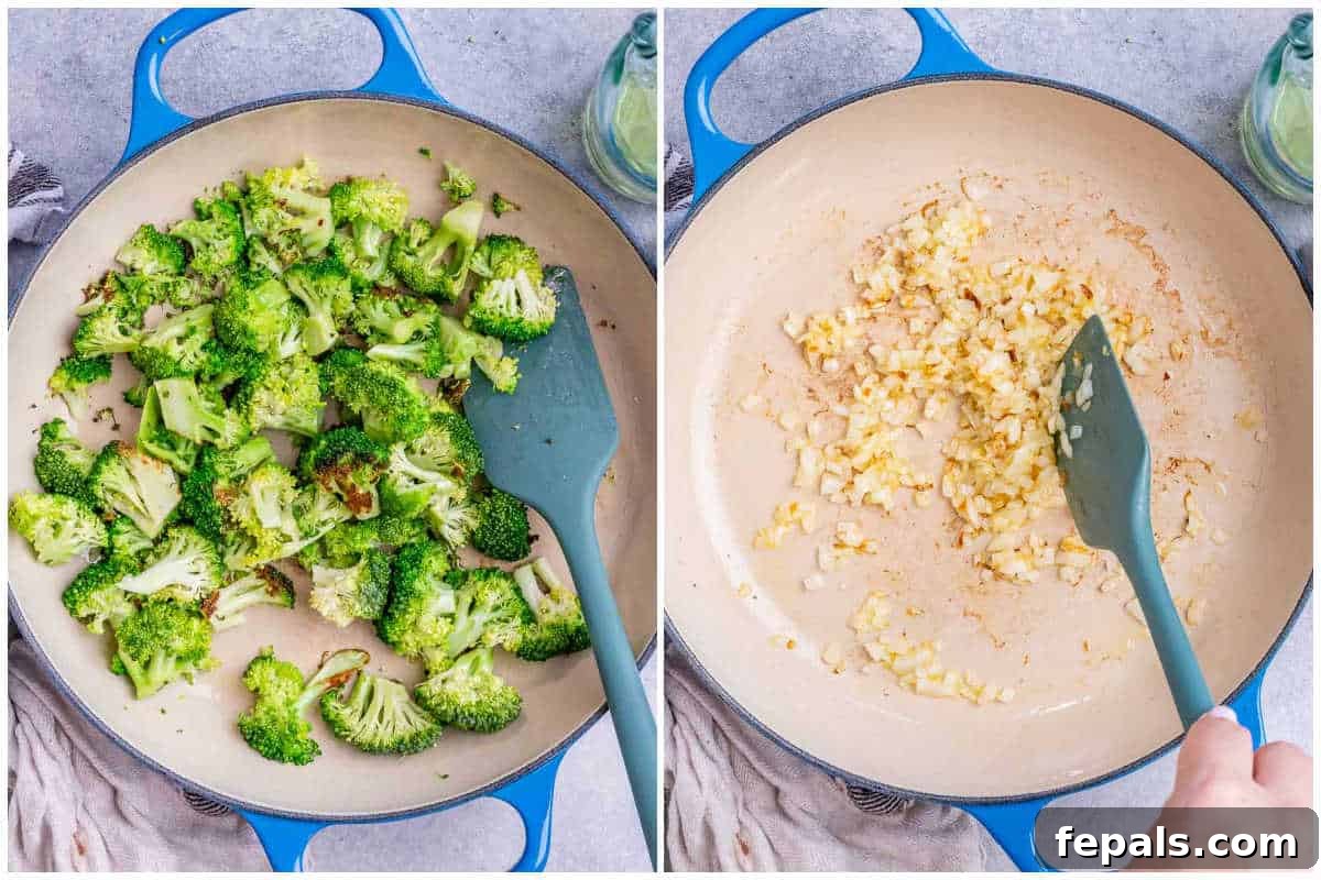 A process shot showing broccoli florets being sautéed in a skillet with garlic and spices.