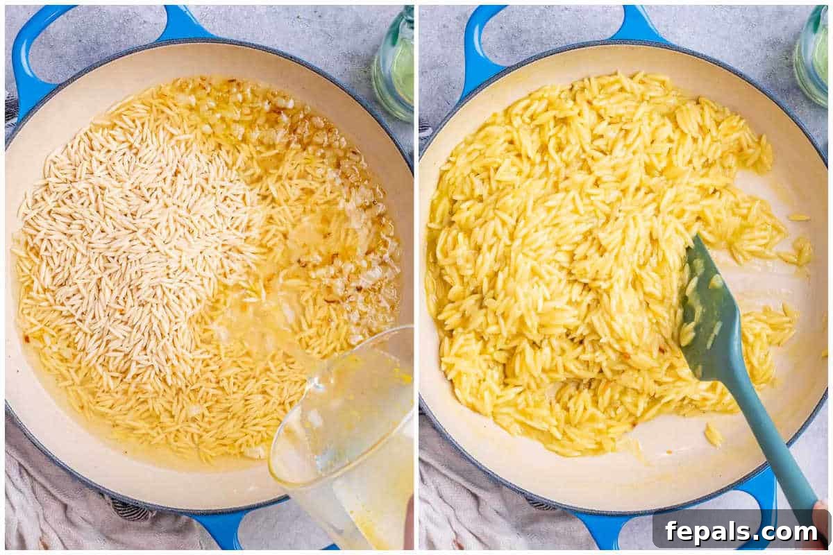 Orzo pasta cooking in a skillet with vegetable broth, releasing starch for a creamy texture.