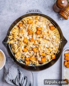 Savory Butternut Squash & Beef Ragu Pasta 15 Overhead shot of Butternut Squash Pasta showing rotini coated in a rich, cheesy sauce with golden squash pieces throughout.