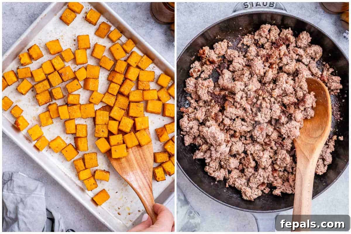 Savory Butternut Squash & Beef Ragu Pasta 4 A dual image showcasing the preparation steps: cubed butternut squash seasoned on a baking sheet, and ground beef browning in a skillet.