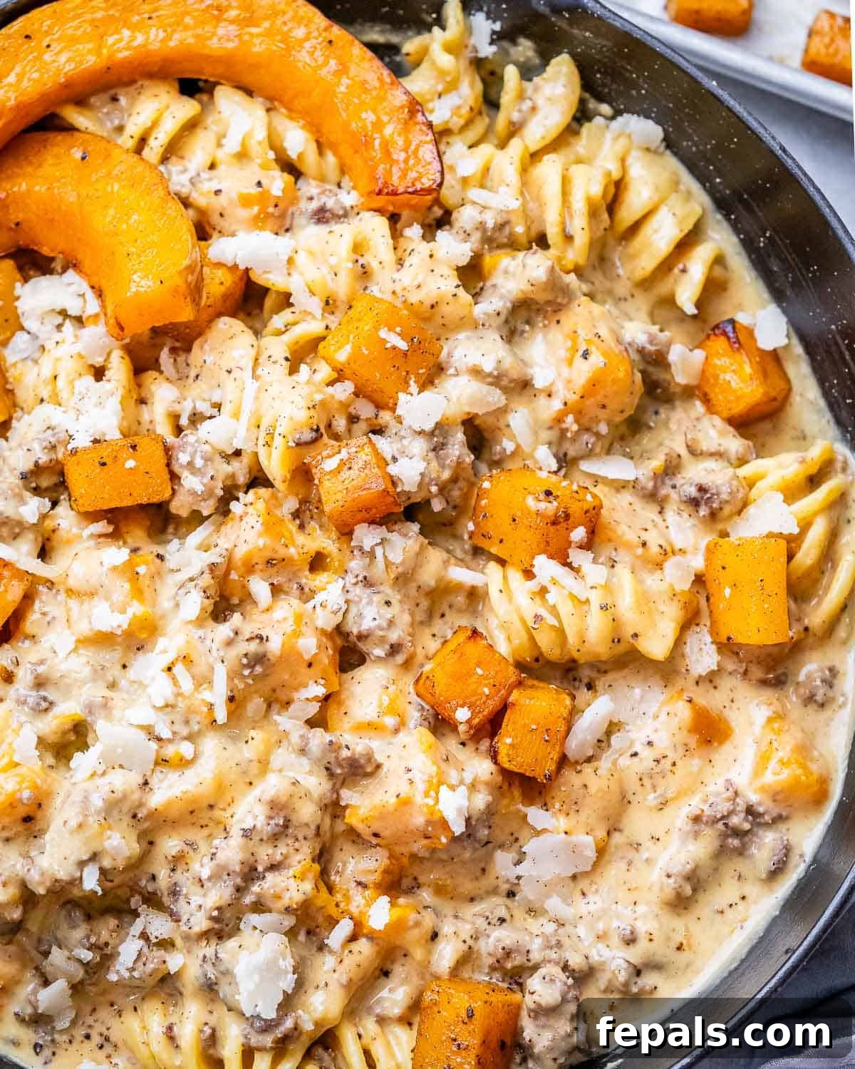 Savory Butternut Squash & Beef Ragu Pasta 7 Close-up of creamy butternut squash pasta, showcasing perfectly coated ridged pasta, tender squash pieces, and melted cheese, garnished with fresh herbs.