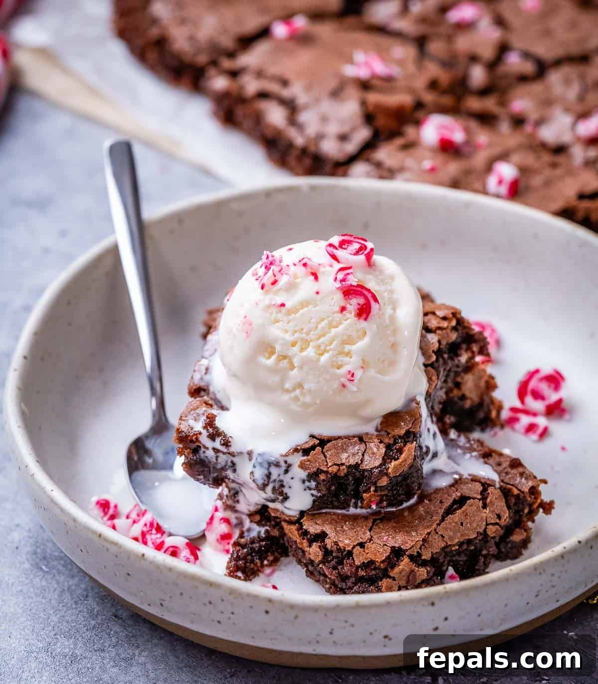 Cool Mint Fudge Brownies 2 Stack of luscious peppermint brownies in a bowl, generously topped with creamy vanilla ice cream and sparkling crushed peppermint candies. A spoon rests invitingly beside the bowl.