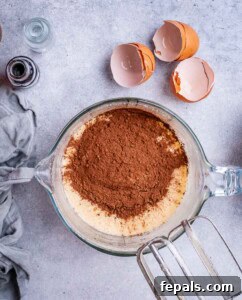 Overhead shot of dry ingredients added to wet ingredients in a mixing bowl, including cocoa powder and almond flour.
