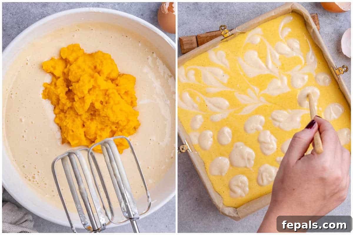 Decadent Pumpkin Spice Cheesecake Bars 5 process shot to whisk the pumpkin puree with the egg mixture and adding it to a baking pan with cream cheese topping.