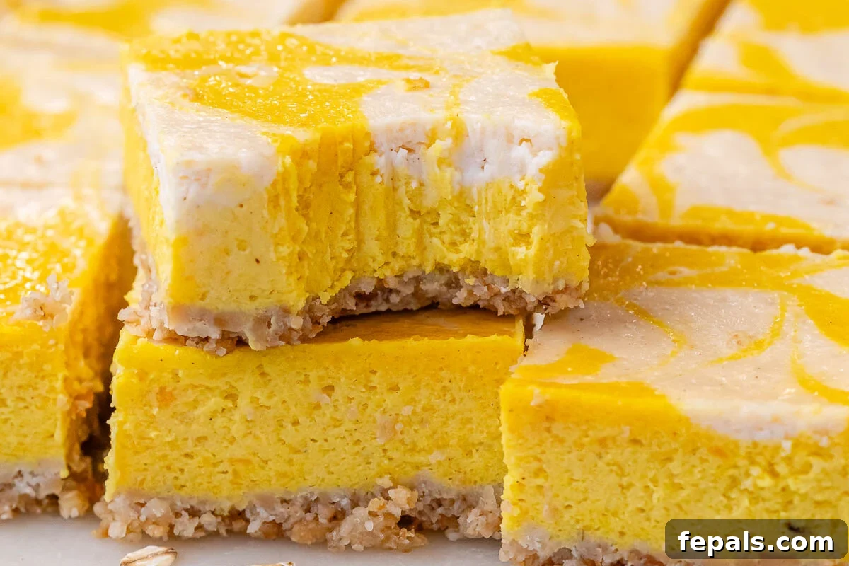 Decadent Pumpkin Spice Cheesecake Bars 6 Bite shot of pumpkin cheesecake bar showing creamy texture and clean, defined layers.