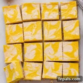 Pumpkin cheesecake slab freshly baked and cooling in the pan, cut into clean, even squares with a pretty marbled swirl on top.