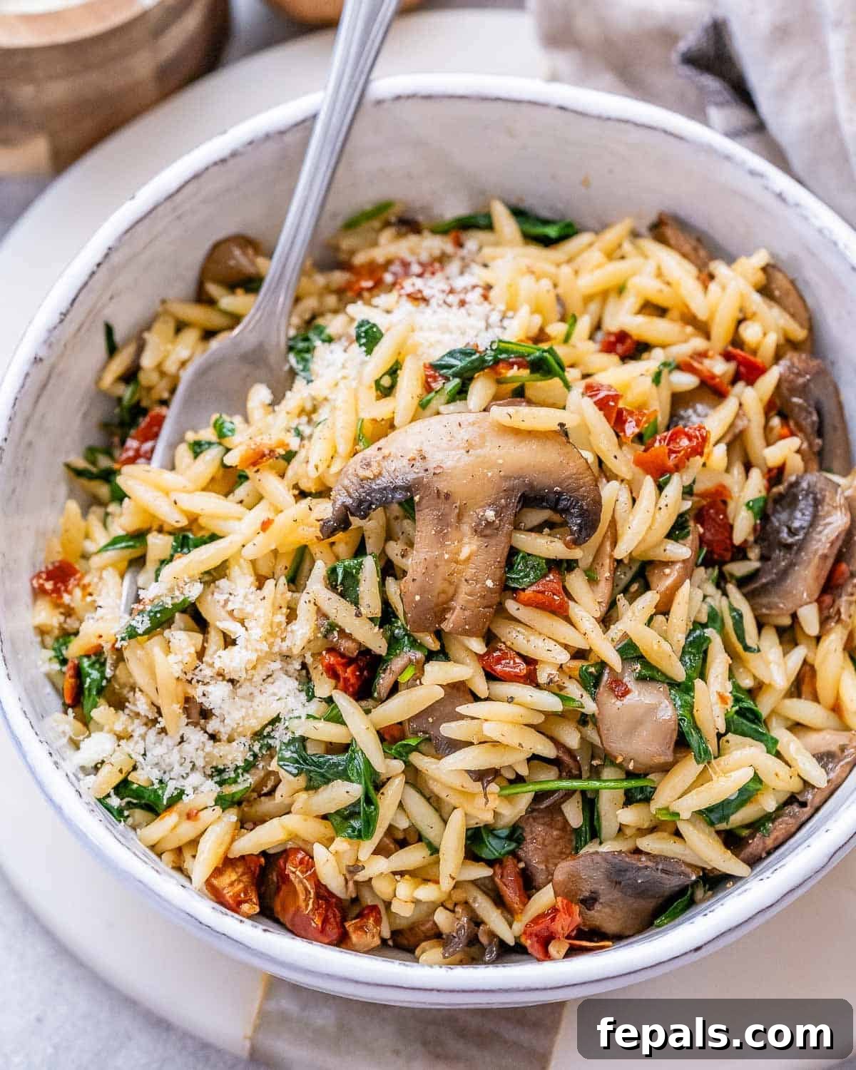 Close-up of a bowl filled with cooked orzo, mushrooms, spinach, and sun-dried tomatoes mixed together.