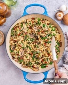 Orzo, mushrooms, spinach, and tomatoes being stirred together in a blue-handled skillet.