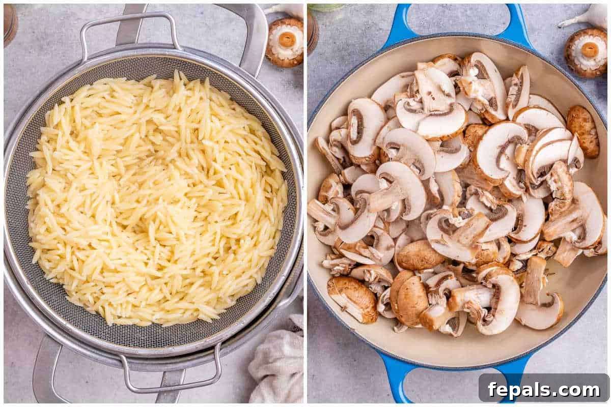 process shot for cooking the orzo and sauteeing the mushrooms in a pan.