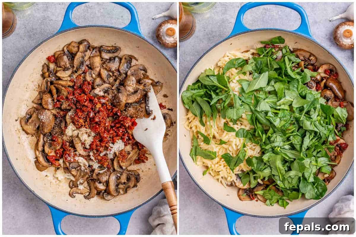 process shot for cooking the mushrooms with sun-dried tomatoes and spinach.