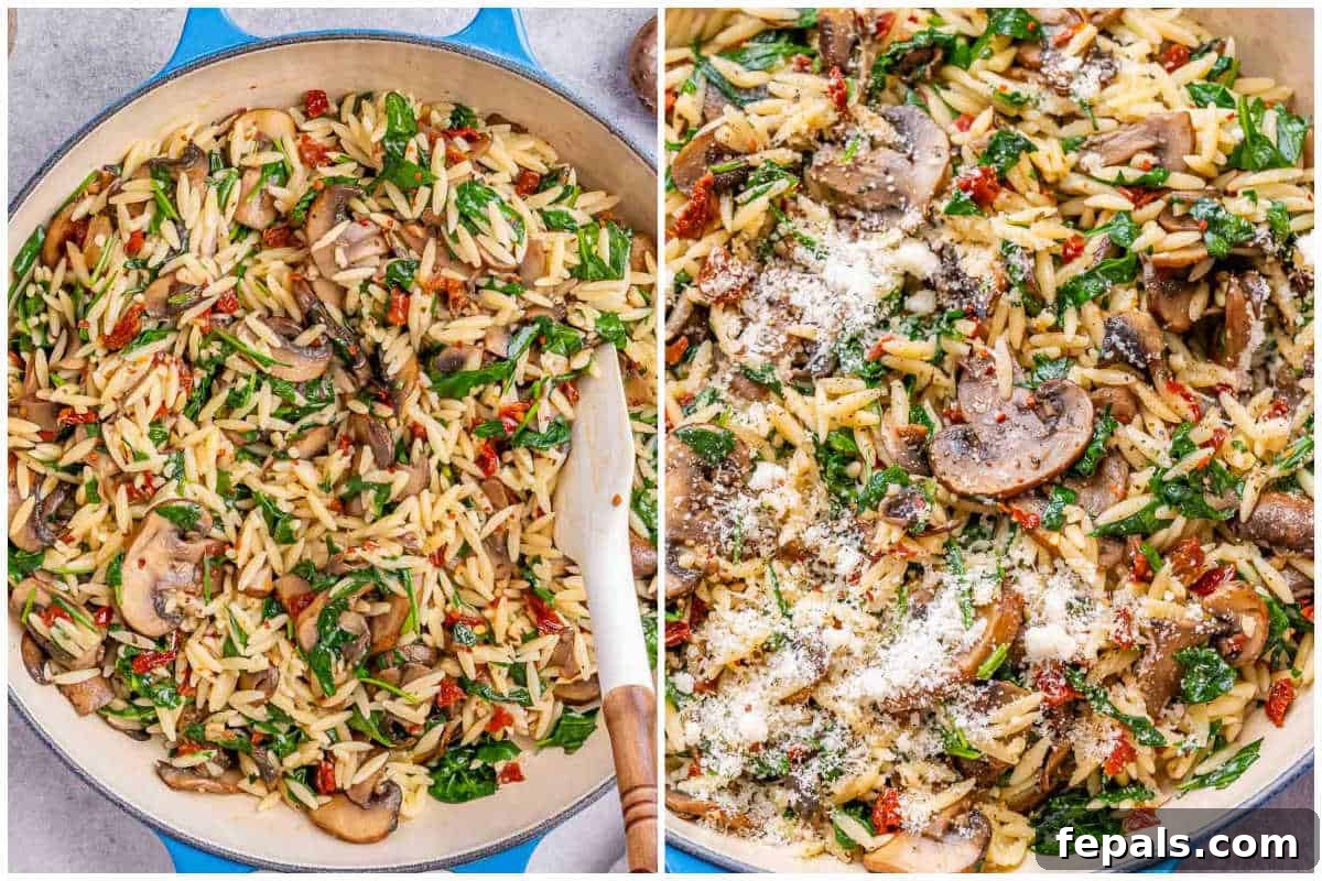 process shot for finalizing the orzo dish with mushrooms and spinach, and topping with parmesan cheese. 