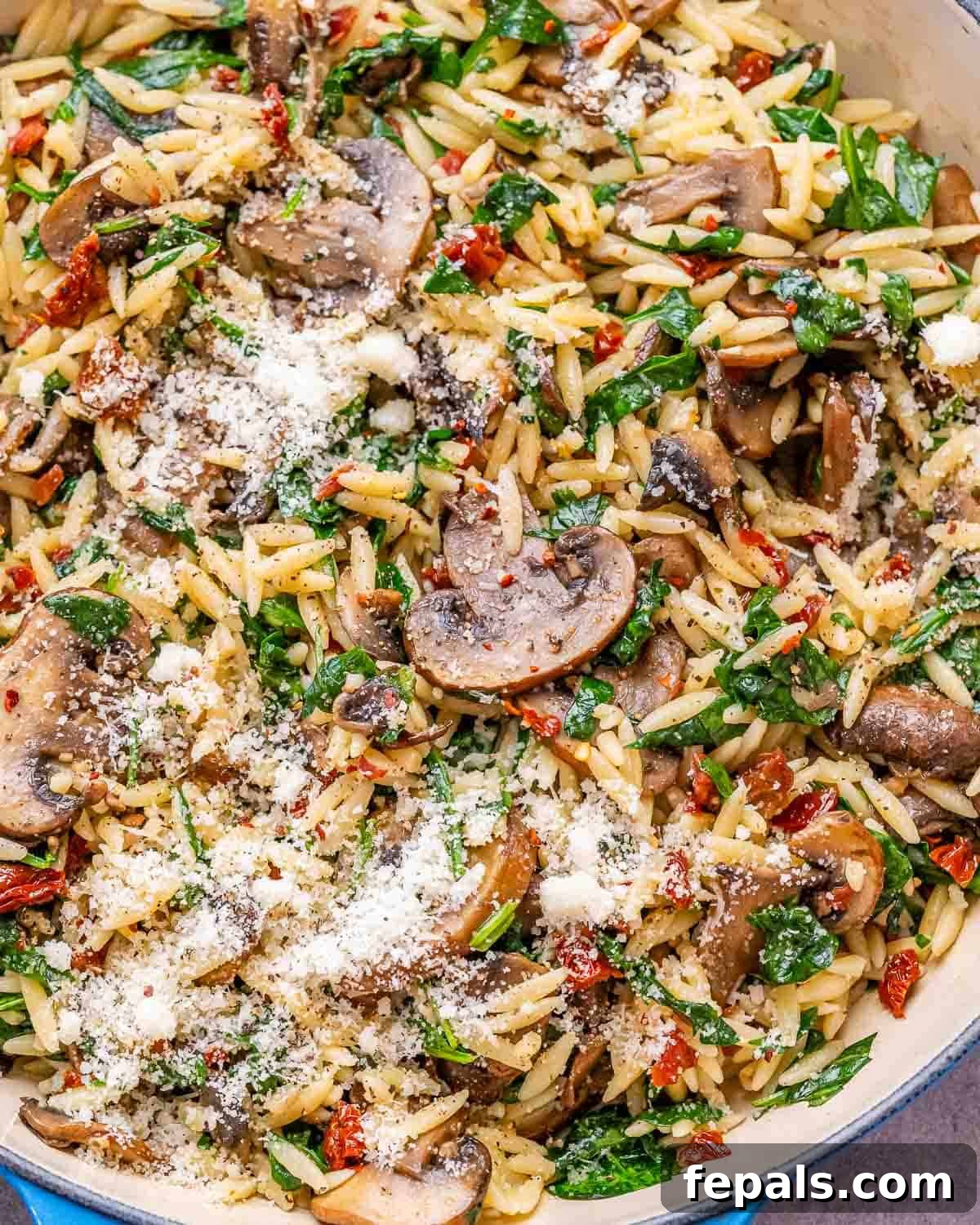 Close-up of the finished dish showing mushrooms, spinach, and parmesan blended through the orzo.