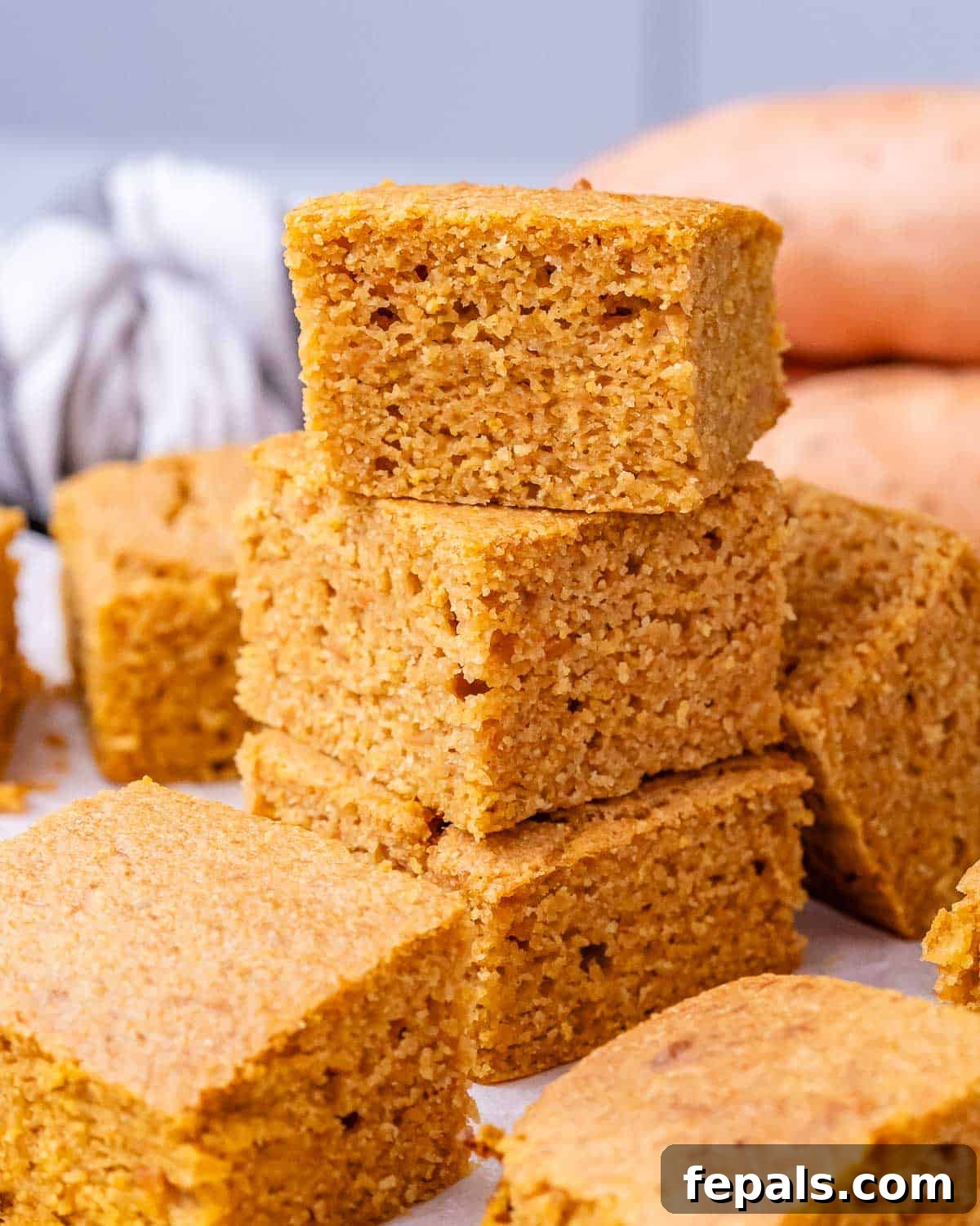 Golden Gluten Free Sweet Potato Cornbread 2 A close-up of sliced sweet potato cornbread squares stacked together, showing their soft, tender crumb.