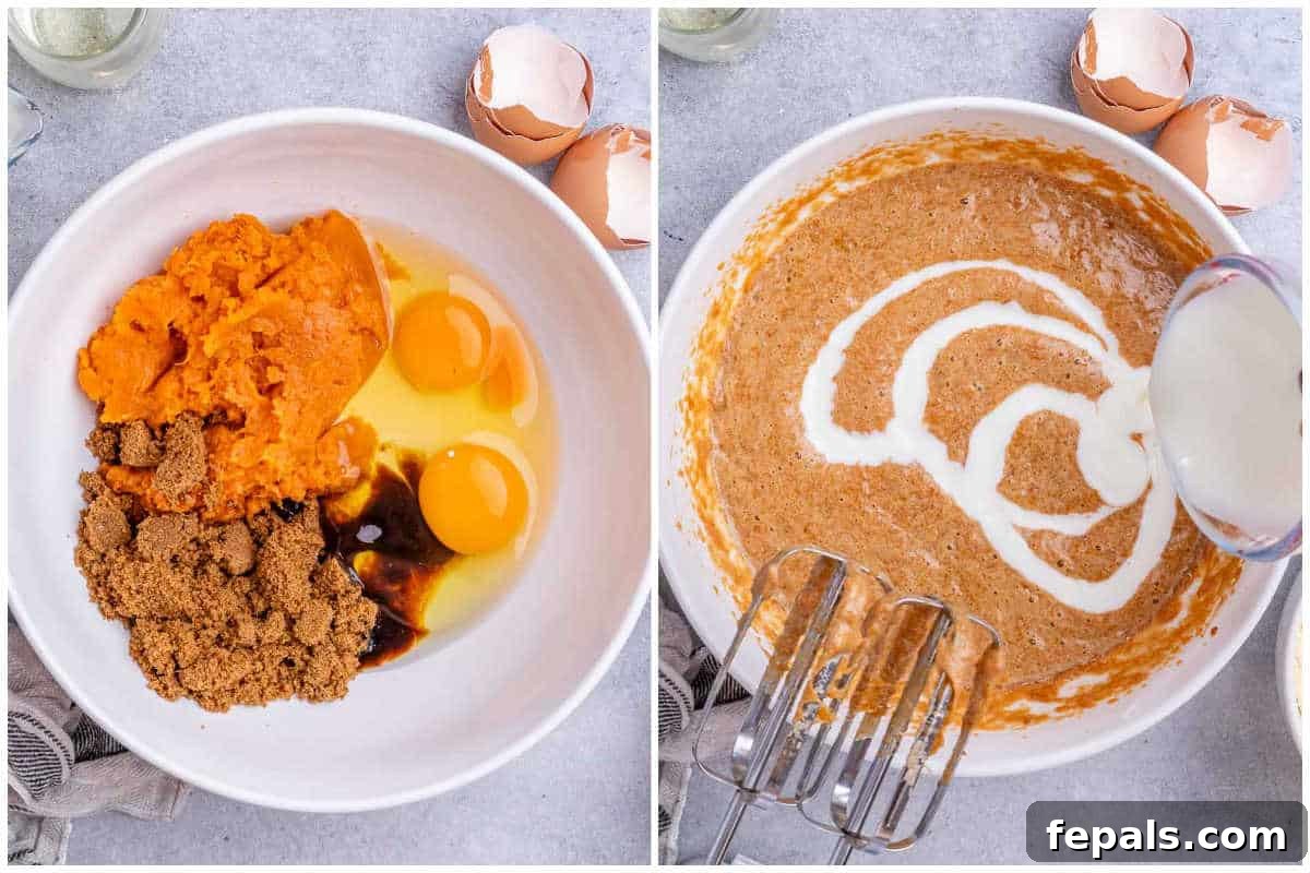 Golden Gluten Free Sweet Potato Cornbread 4 process shot showing beating the eggs with sweet potato, sugar, and eggs and then adding the buttermilk to whisk again.