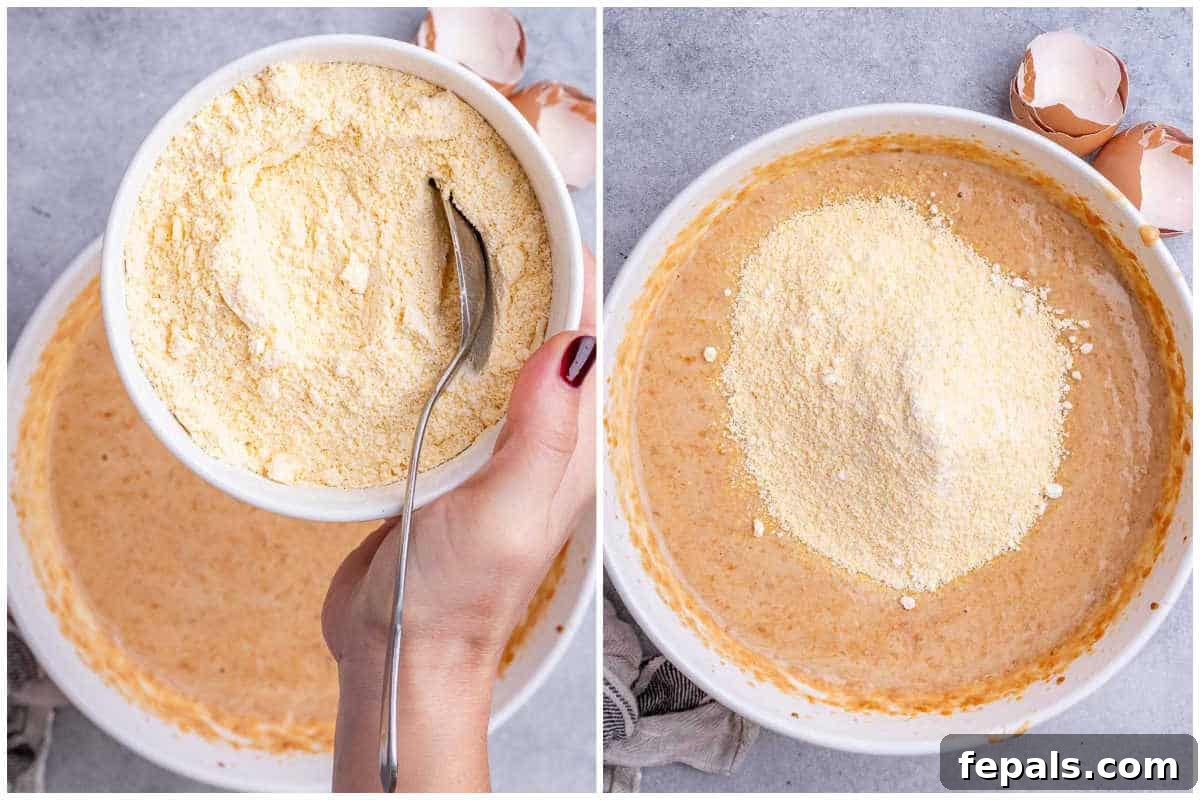 Golden Gluten Free Sweet Potato Cornbread 5 process shot adding the cornmeal into the batter.