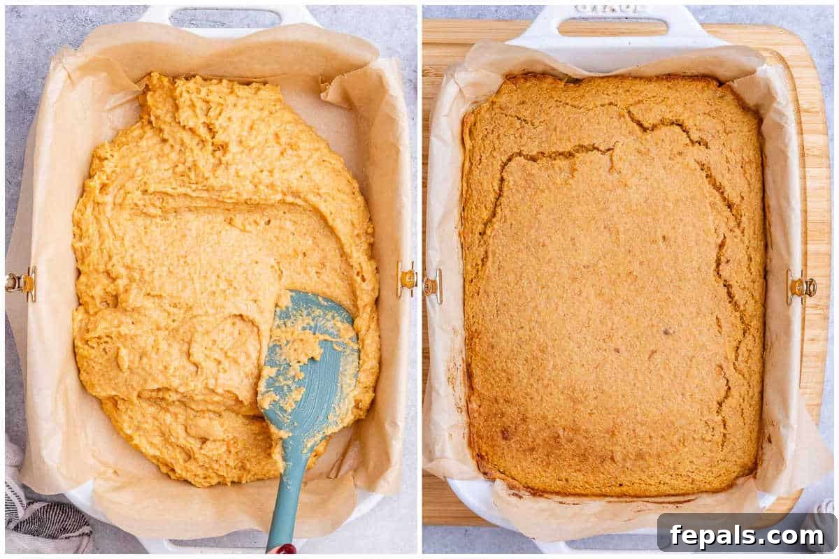 Golden Gluten Free Sweet Potato Cornbread 6 process shot adding the cornbread batter into the dish.