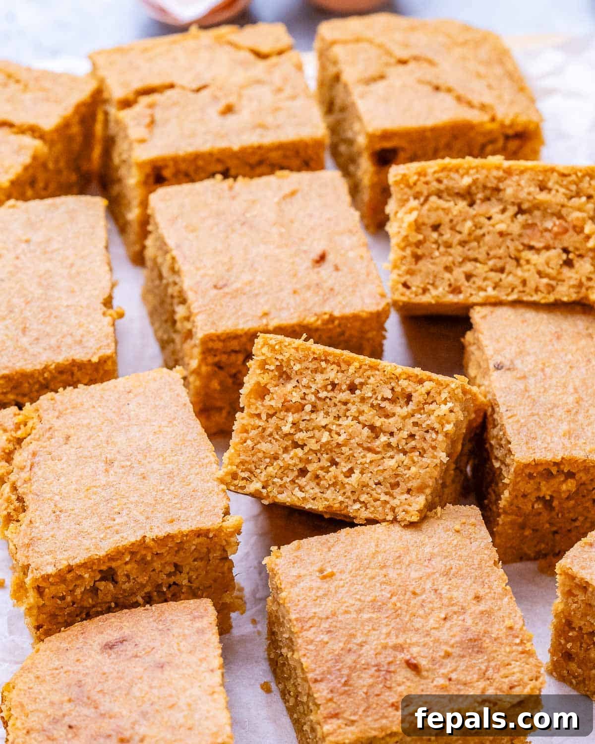 Golden Gluten Free Sweet Potato Cornbread 8 Freshly baked sweet potato cornbread cut into even squares, showing the soft, fluffy crumb and golden-brown edges.