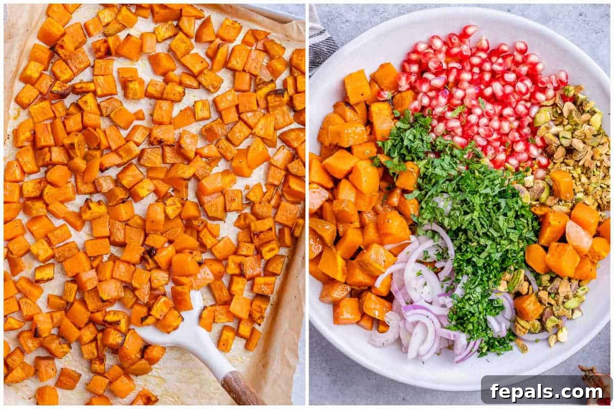 Flavorful Roasted Sweet Potato Salad Gluten Free 4 process shot to roasting potatoes and adding the ingredients to a bowl with the other veggies for salad.