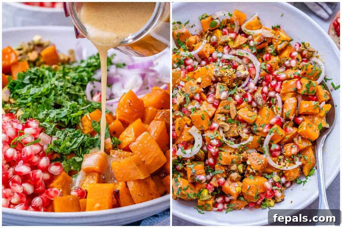 Flavorful Roasted Sweet Potato Salad Gluten Free 5 adding salad dressing to the salad and prepping the final salad over a bowl.