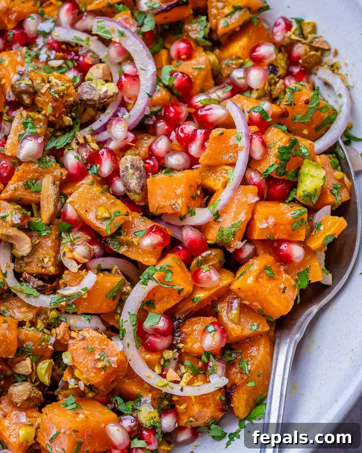 Flavorful Roasted Sweet Potato Salad Gluten Free 6 Close-up of sweet potato salad showing roasted cubes mixed with pomegranate seeds, red onion, parsley, and dressing.