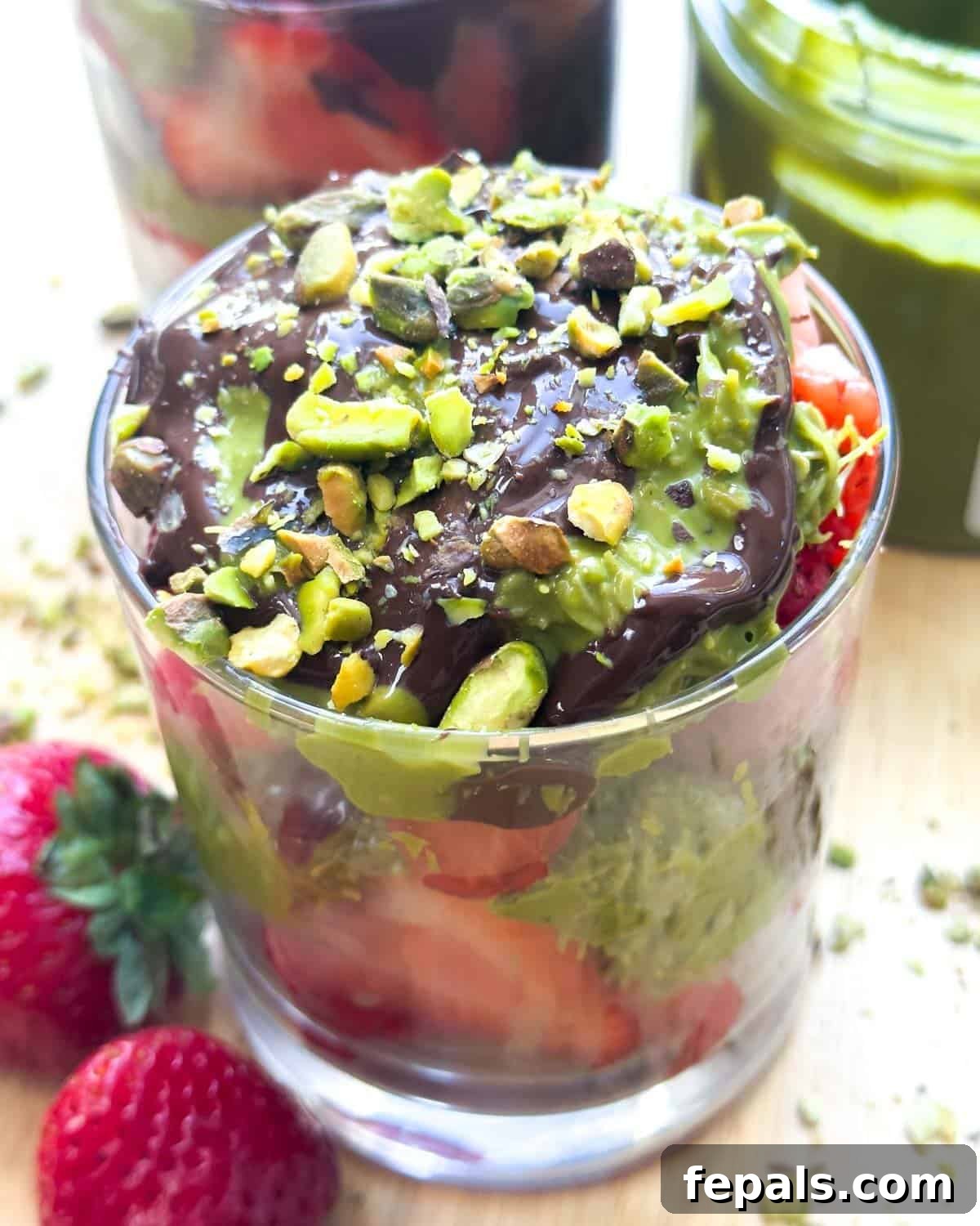 Viral Dubai Chocolate Strawberry Sensation 2 A mesmerizing cup with distinct layers of chopped strawberries, crunchy pistachio Kataifi, and luscious melted chocolate, crowned with crushed pistachios.