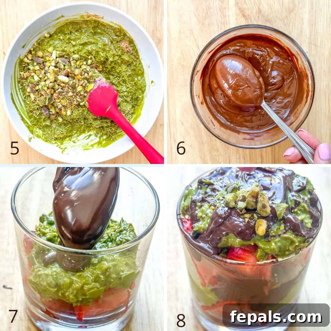 Viral Dubai Chocolate Strawberry Sensation 13 A collage showing the final preparation stages: adding crushed pistachios to the Kataifi mix, melting chocolate with coconut oil, and layering the dessert in a cup with strawberries, pistachio Kataifi, and melted chocolate.