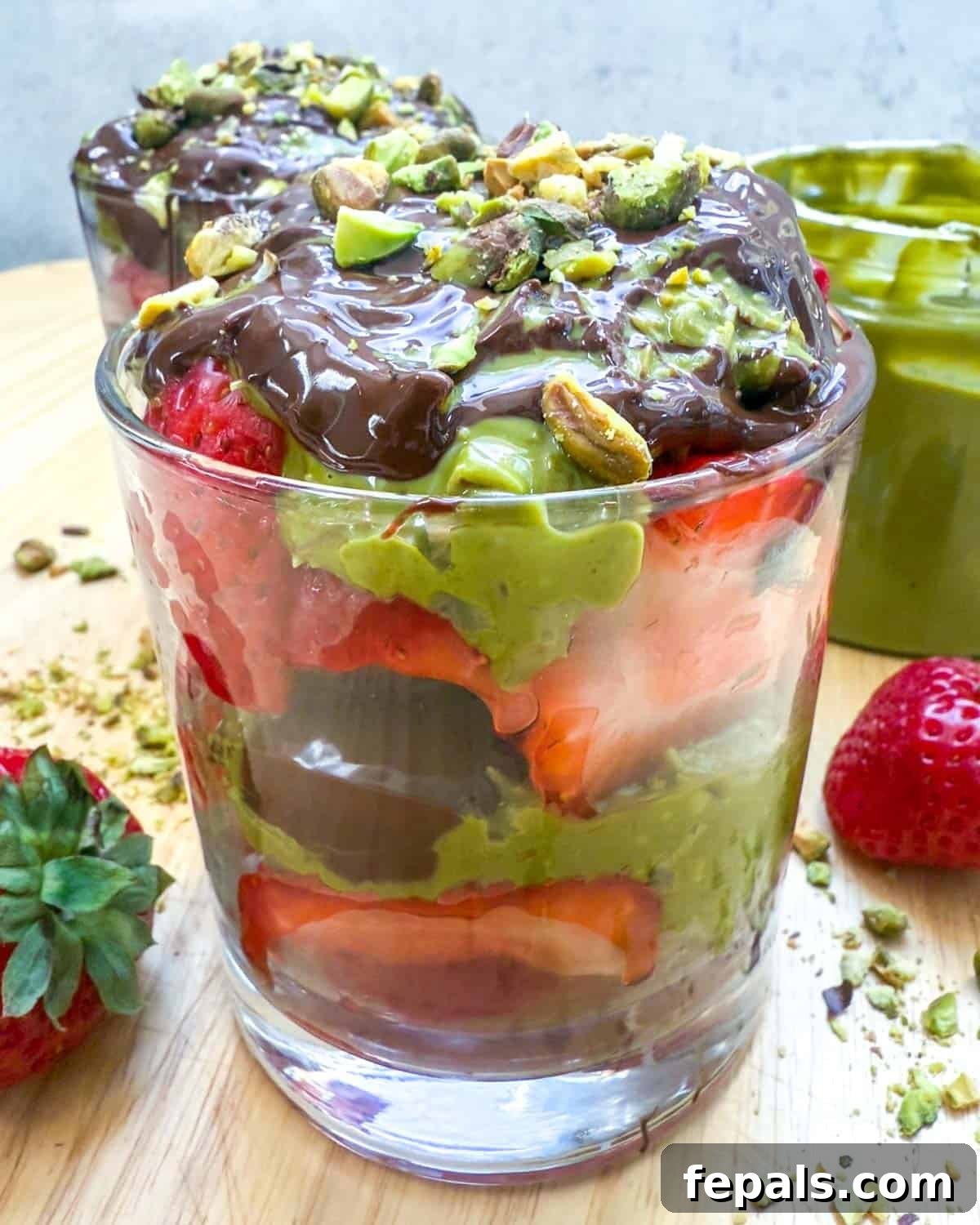 Viral Dubai Chocolate Strawberry Sensation 14 A finished Dubai Chocolate Strawberry Cup, showcasing distinct layers of fresh strawberries, crunchy pistachio Kataifi, and rich melted chocolate, ready to be enjoyed.