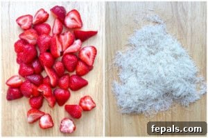 Process shot showing chopped strawberries and shredded Kataifi dough prepared for the Dubai dessert.
