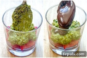 Process shot illustrating the layering of strawberries, pistachio Kataifi, and melted chocolate in a cup.