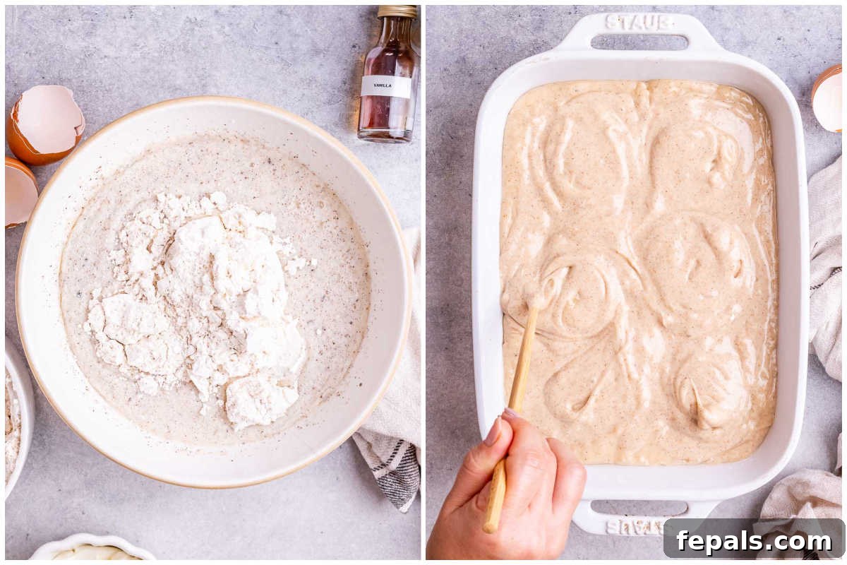 Cinnamon Swirl Dream Cake 5 A two-part process shot: on the left, the mixed cake batter in a bowl, and on the right, the batter being poured into a greased baking dish, ready for the next step.